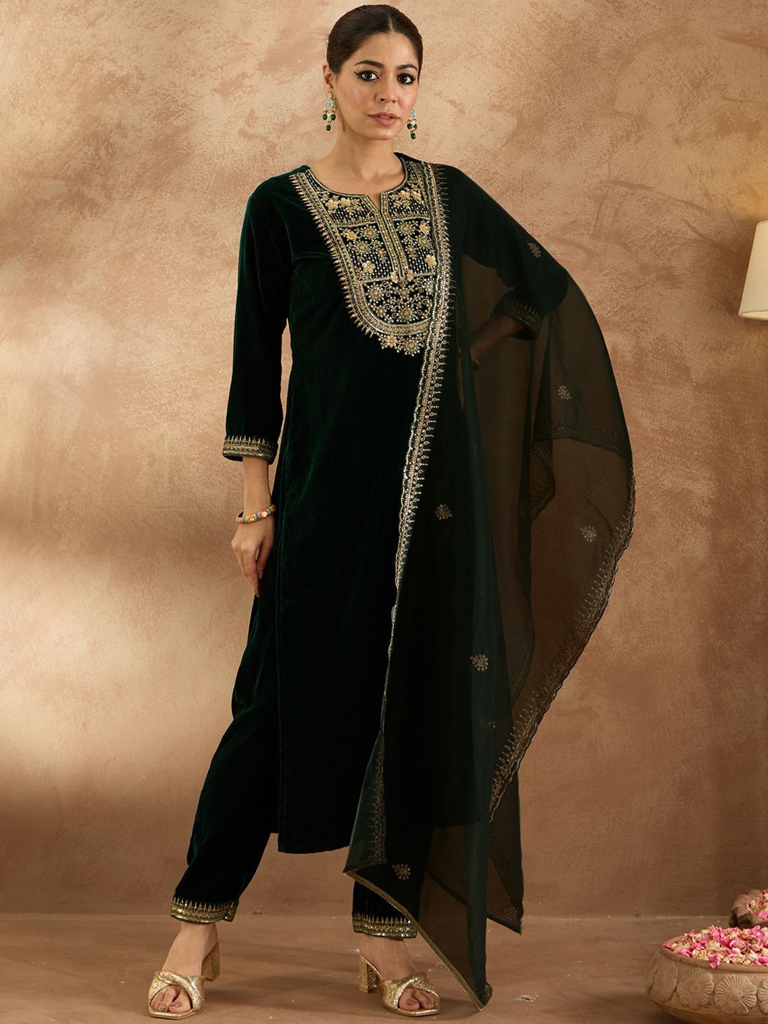 

Indo Era Women Ethnic Motifs Embroidered Regular Velvet Kurta with Trousers & With Dupatta, Green
