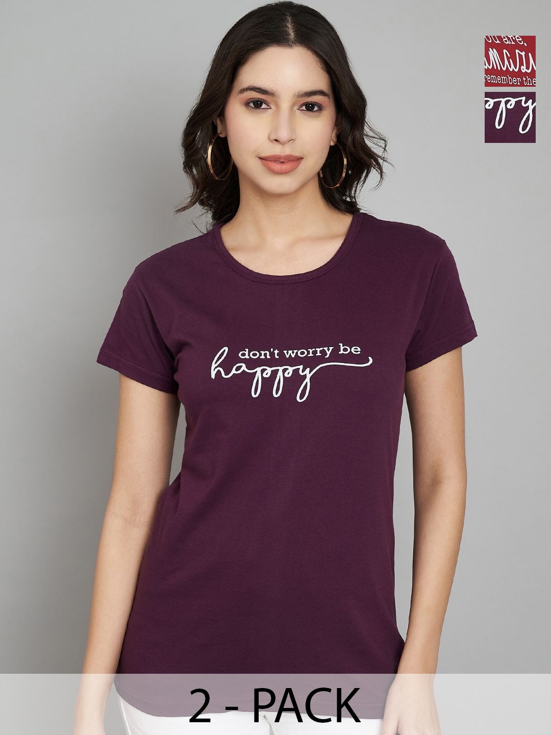 

Trend Level Women Pack Of 2 Typography Printed Round Neck Cotton T-shirts, Burgundy