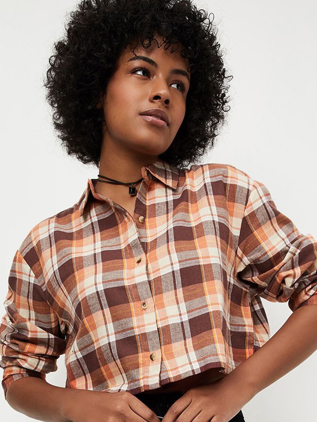 

max Women Spread Collar Tartan Checked Cotton Casual Shirt, Brown