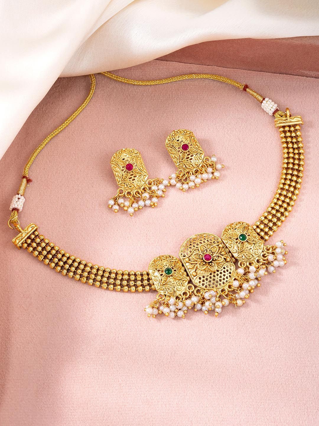 

Peora Gold-Plated Beaded & Stones Studded Jewellery Set