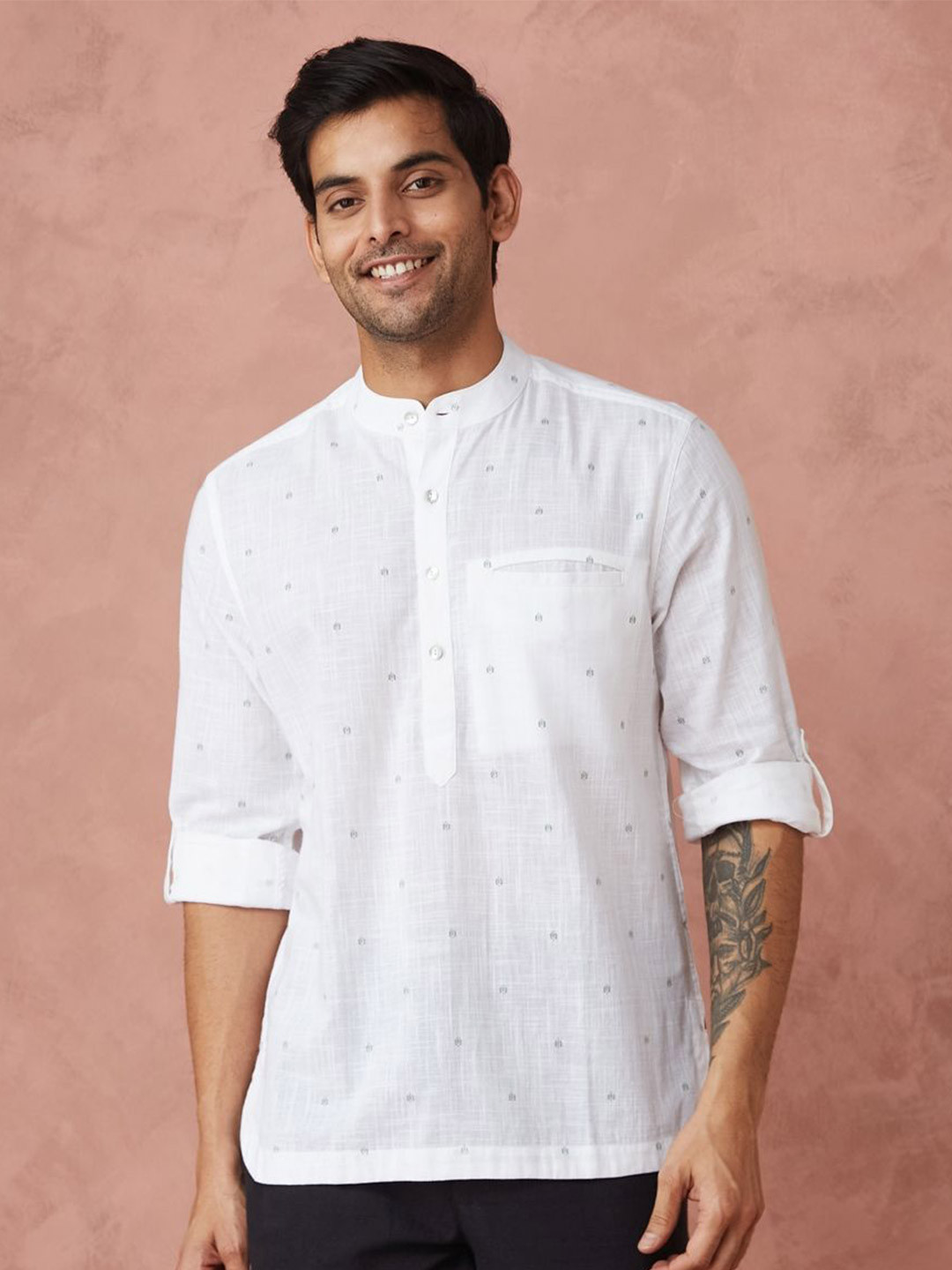 

Fabindia Men Band Collar Solid Cotton Slim Fit Casual Shirt, White