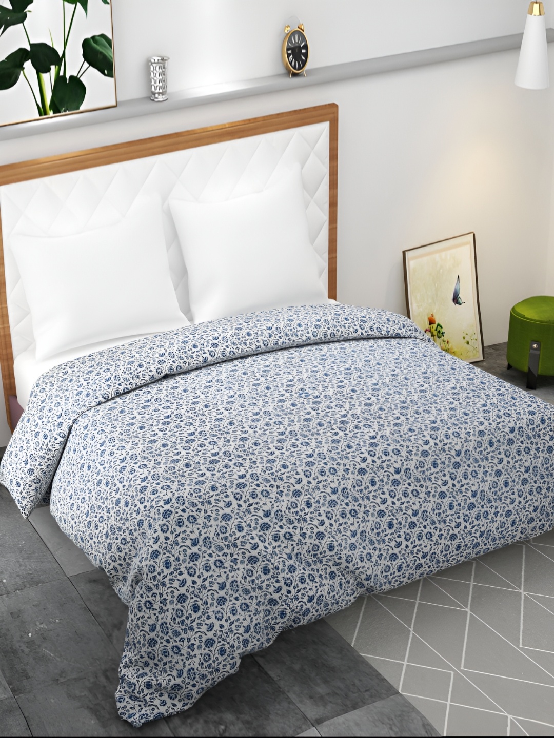 

BELVOSTUM White & Blue Printed Pure Cotton Duvet Cover