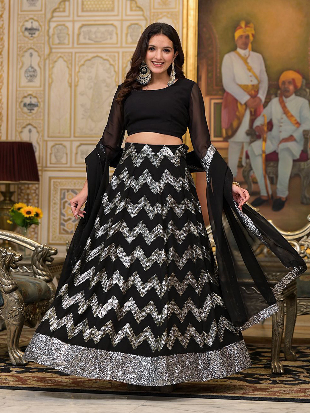 

AKS Embellished Sequinned Ready to Wear Lehenga & Blouse With Dupatta, Black