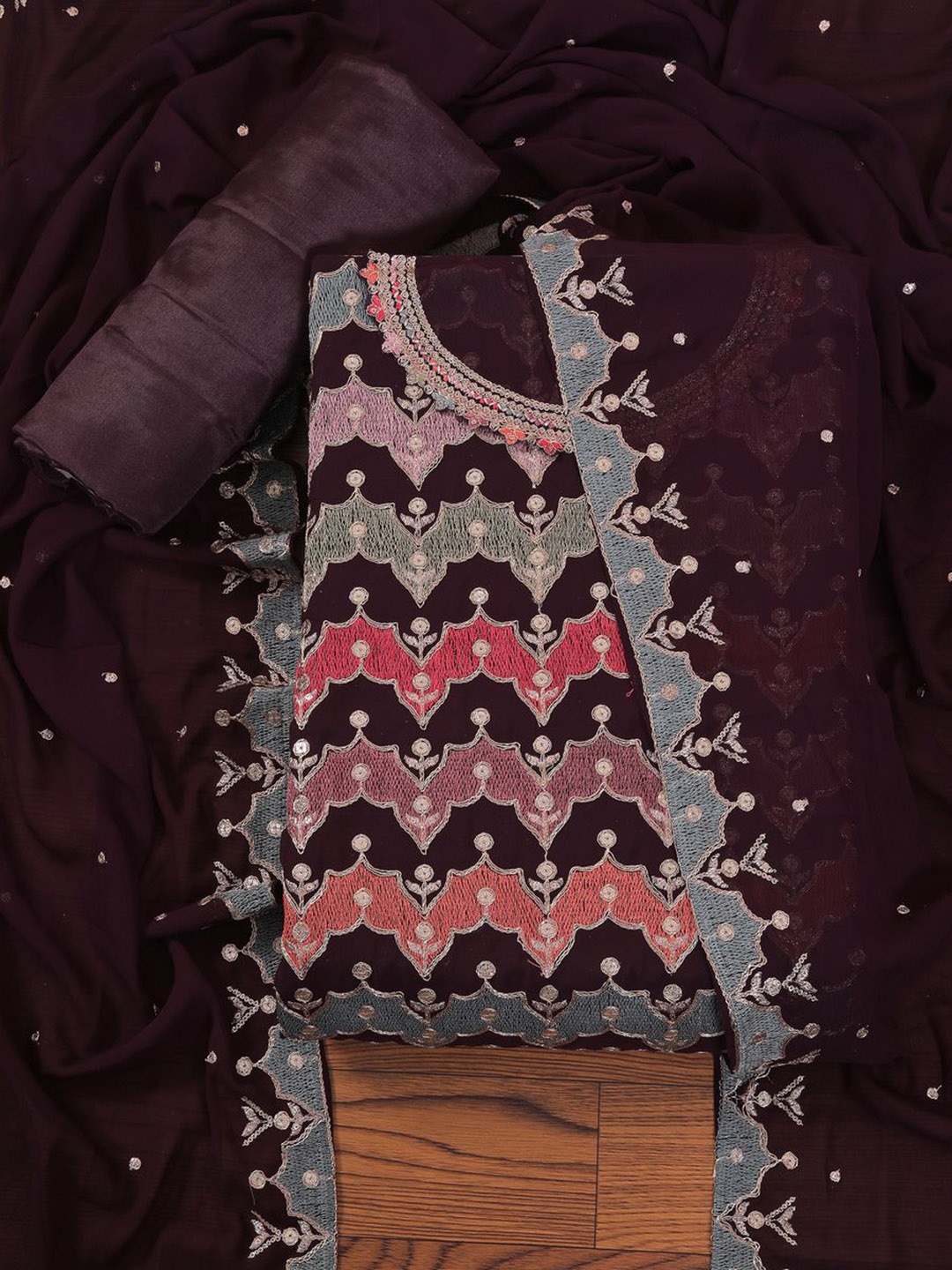 

Jaipur Kurti Heavy Embroidered Poly Georgette Dress Material with Dupatta, Purple