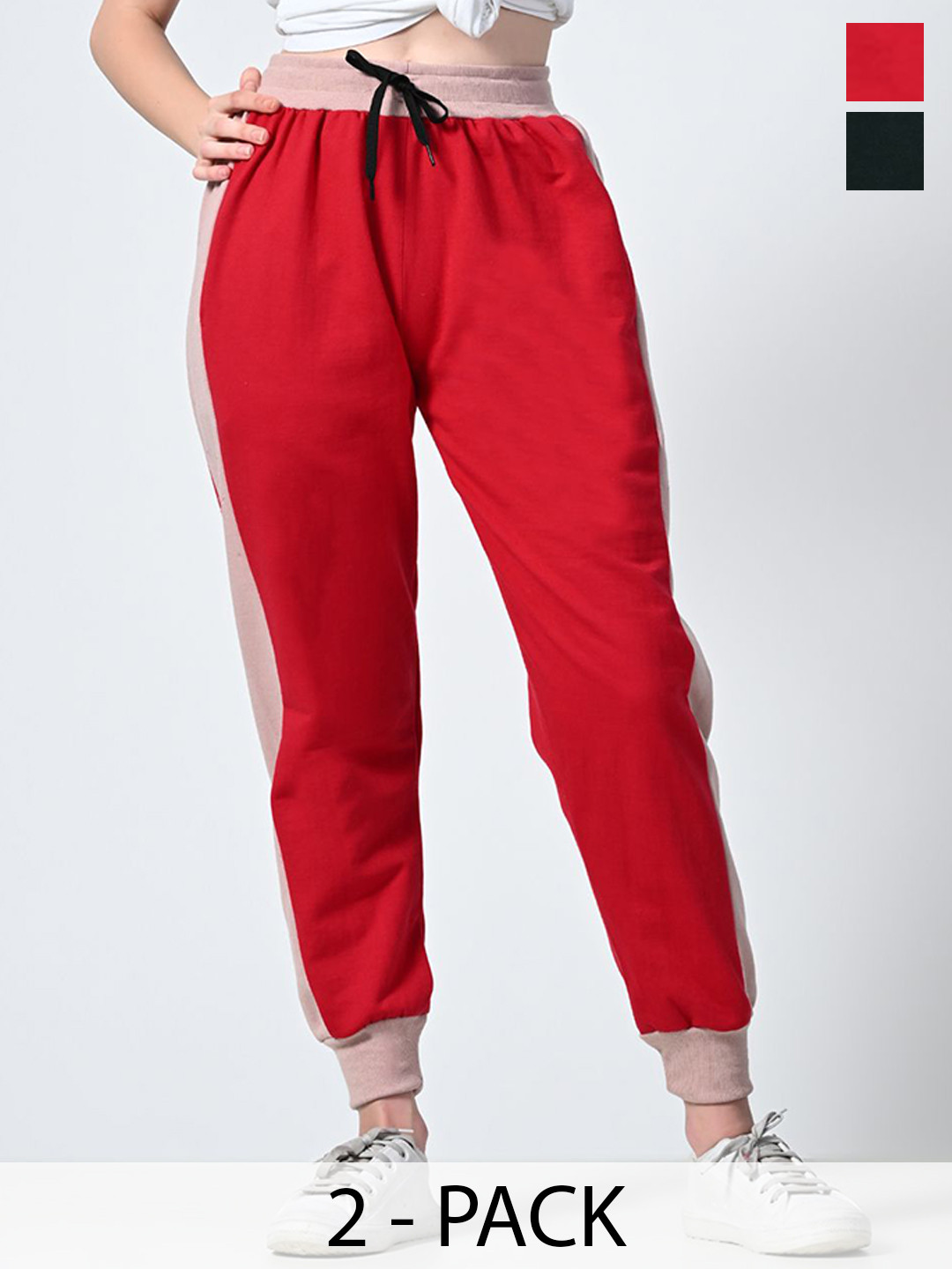 

BAESD Women Pack Of 2 Colourblocked Relaxed-Fit Joggers, Red