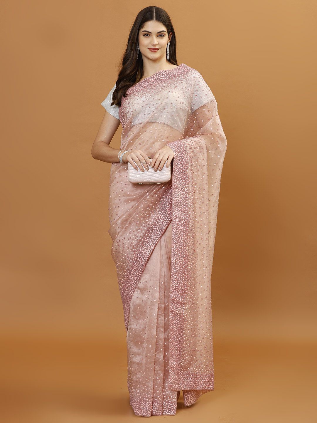 

Meena Bazaar Embellished Beads and Stones Tissue Heavy Work Saree, Pink
