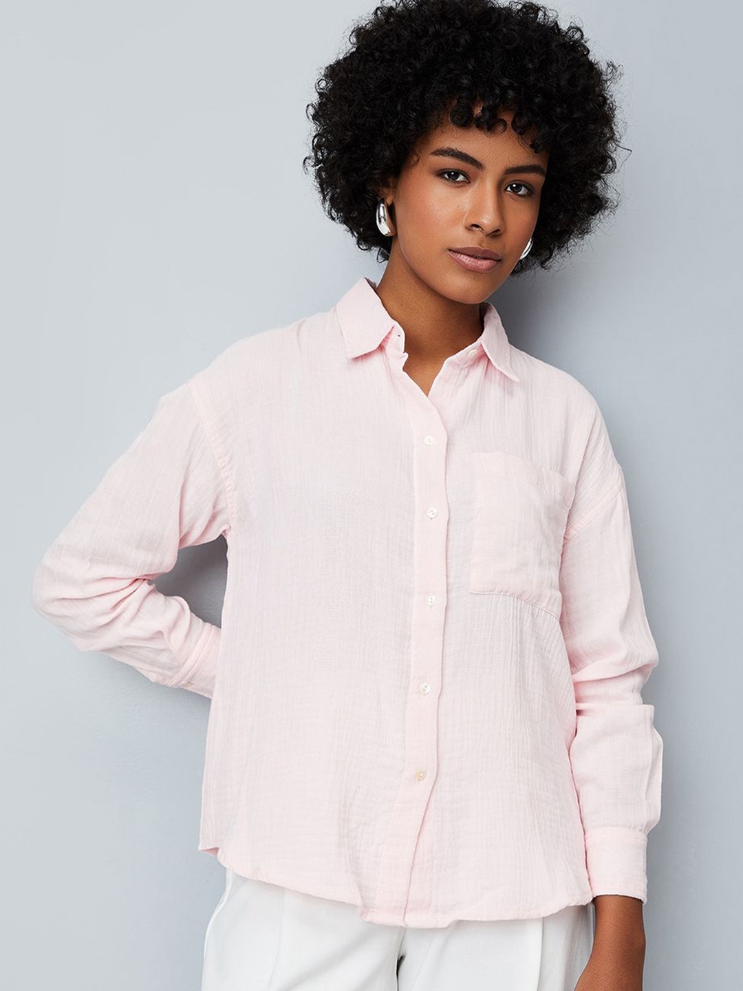 

max Women Spread Collar Solid Casual Shirt, Pink