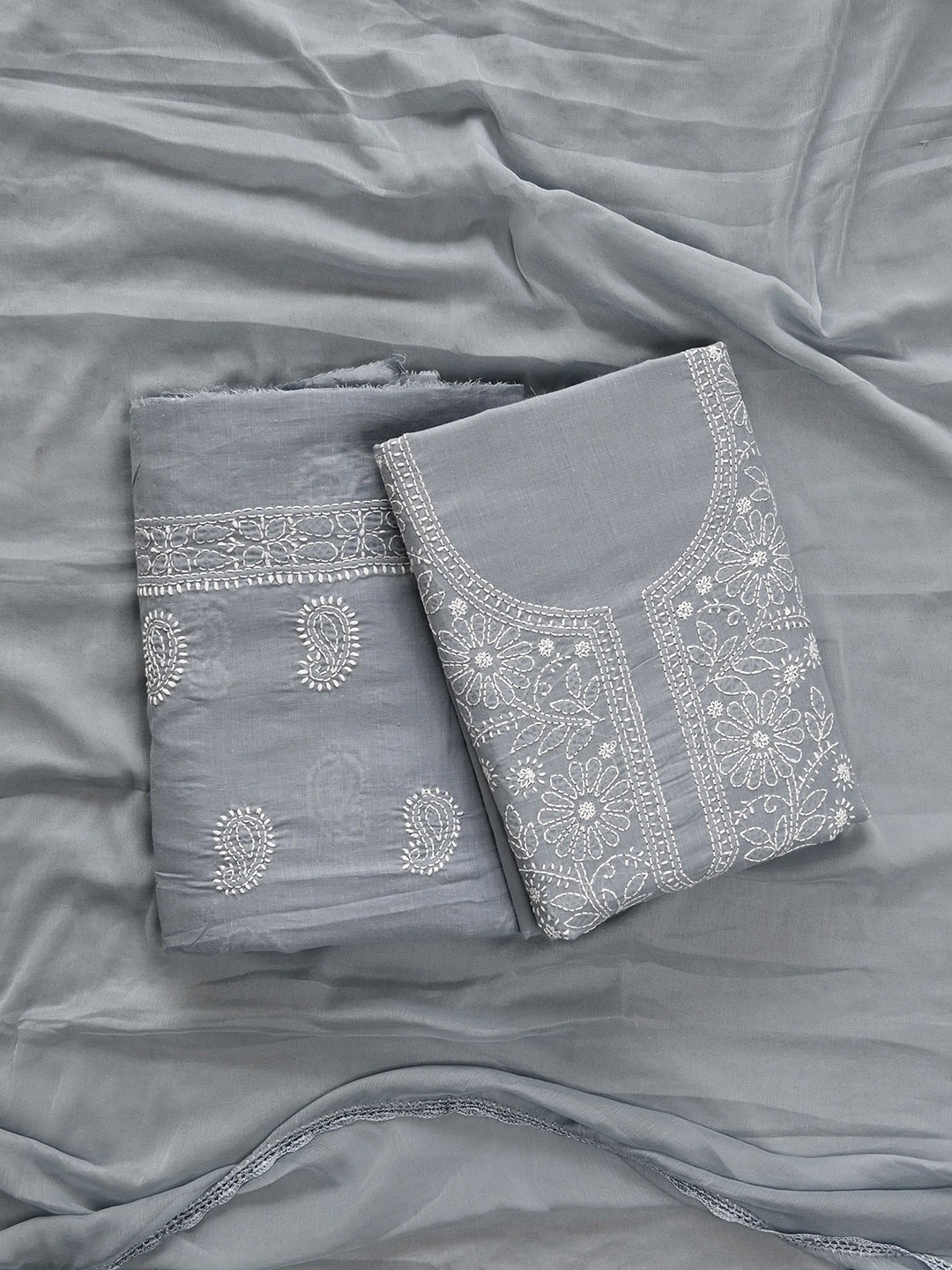 

Seva Chikan Embroidered Unstitched Dress Material, Grey