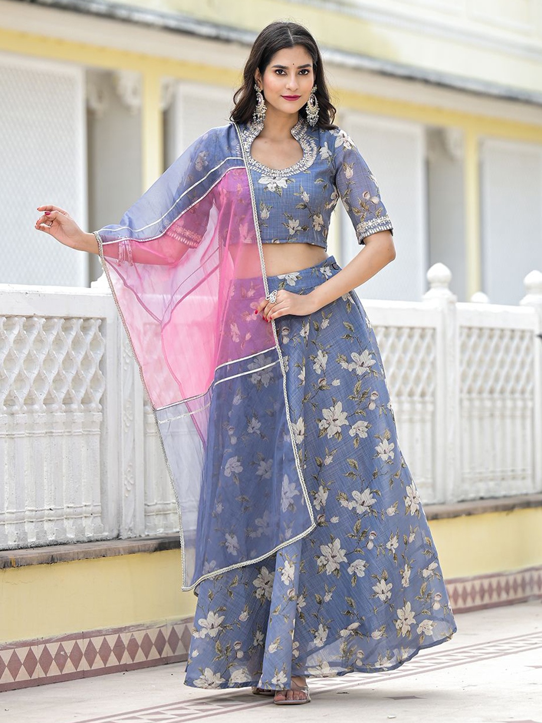 

AKS Printed Beads and Stones Ready to Wear Lehenga & Blouse With Dupatta, Grey