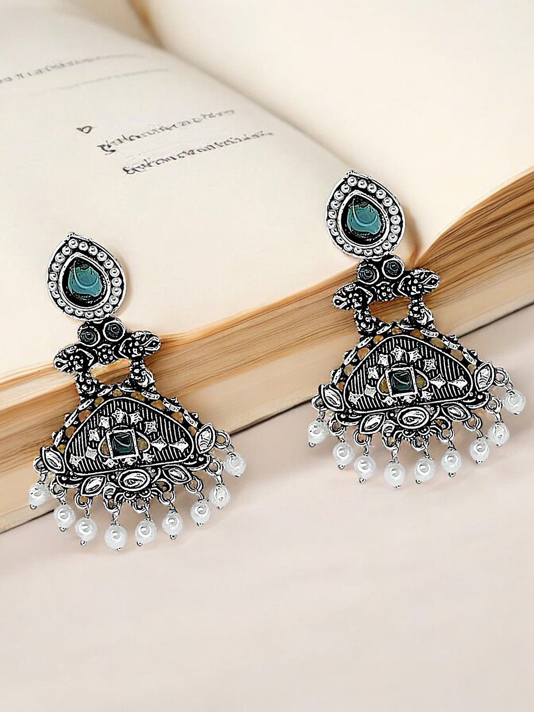 

9blings Silver Plated Artificial Stones & Beads Studded Contemporary Drop Earrings