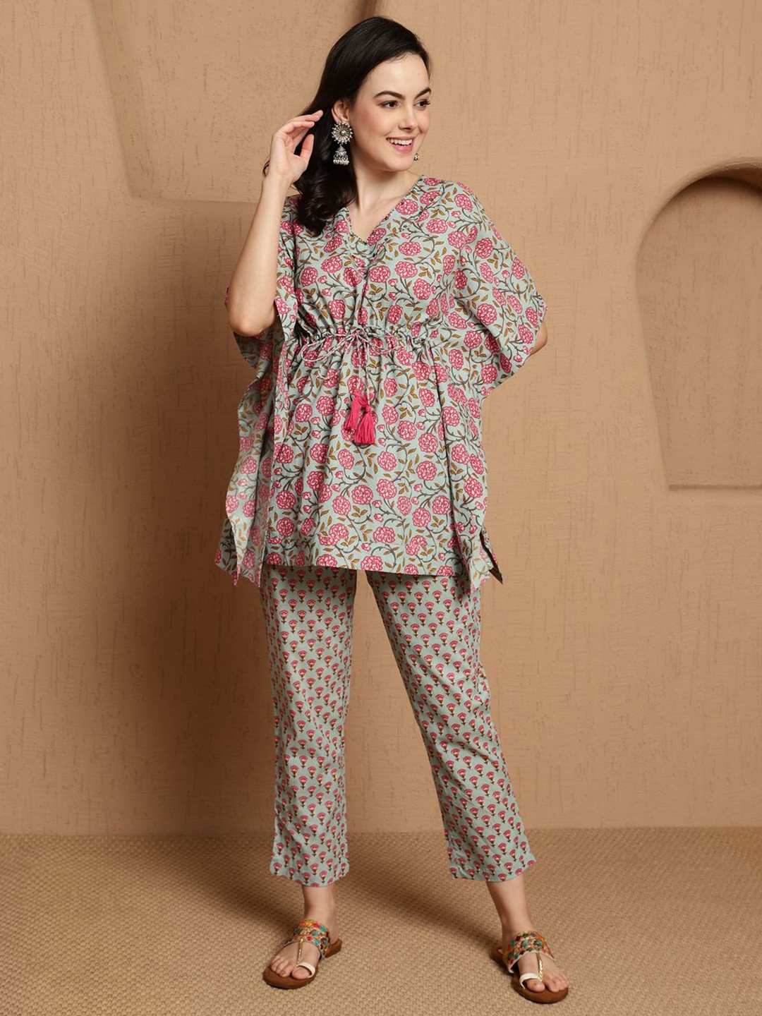 

BANDIA Floral Printed Kaftan Co-ord Set, Sea green