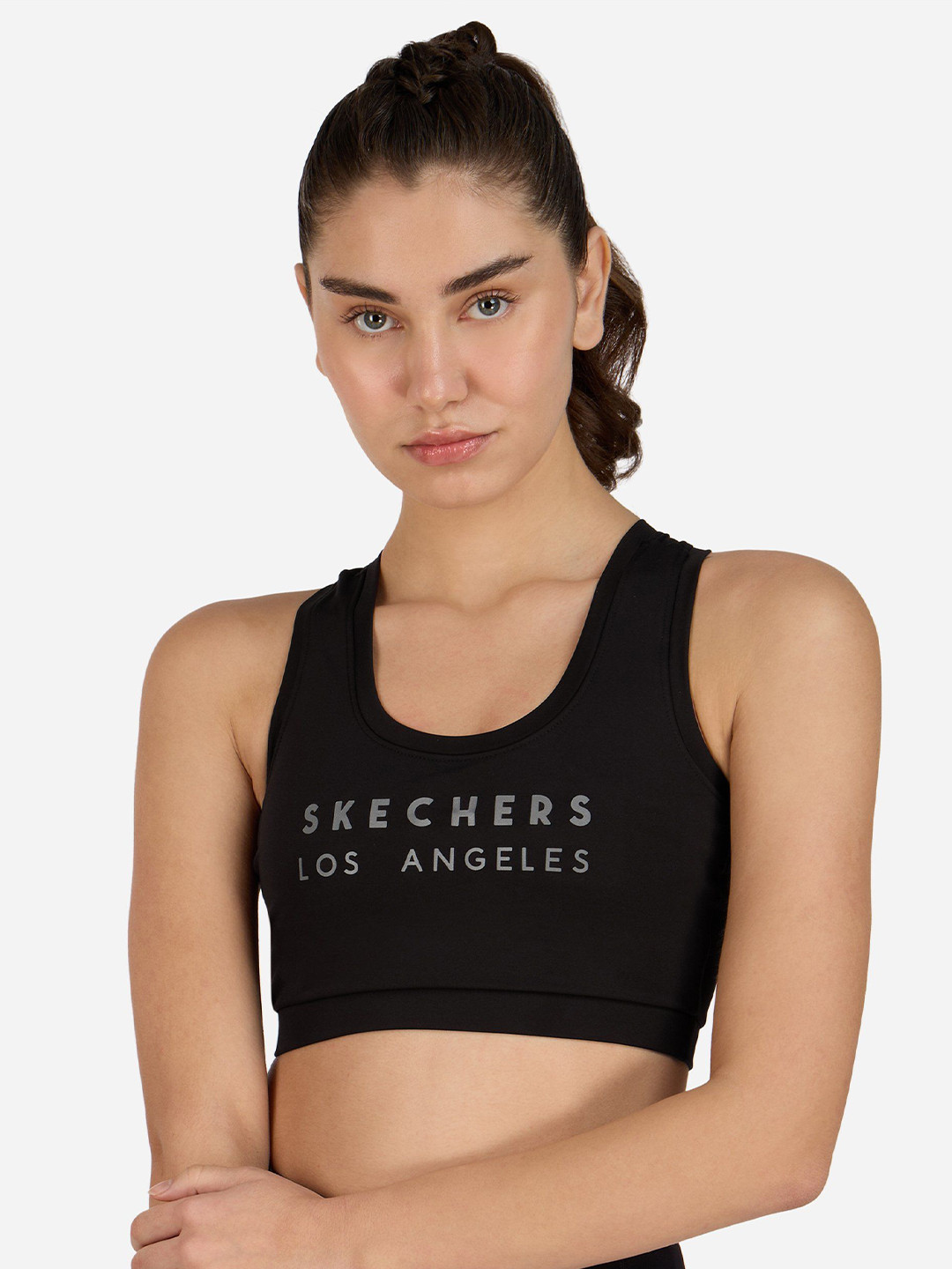 

Skechers Women Workout Printed Lightly Padded Running Sports Bra, Black