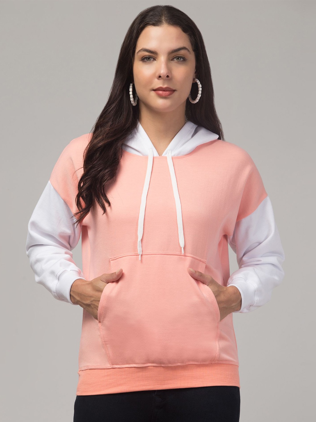 

BESTIC FASHION Women Colourblocked Hood Fleece Pullover Ribbed Sweatshirt, Peach