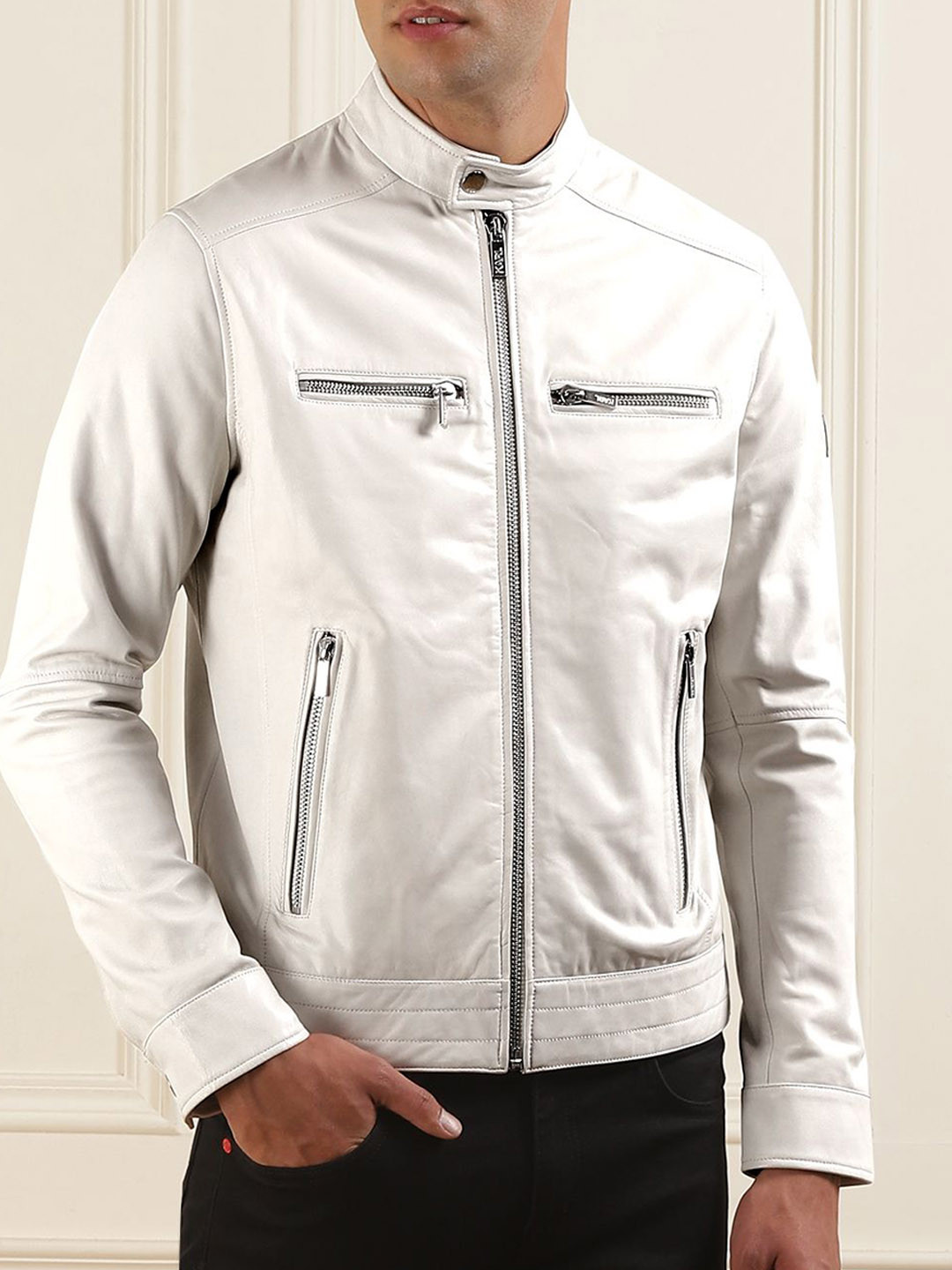 

Karl Lagerfeld Men Leather Tailored Jacket, Beige