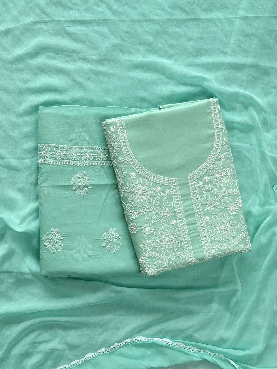 

Seva Chikan Embroidered Unstitched Dress Material, Green