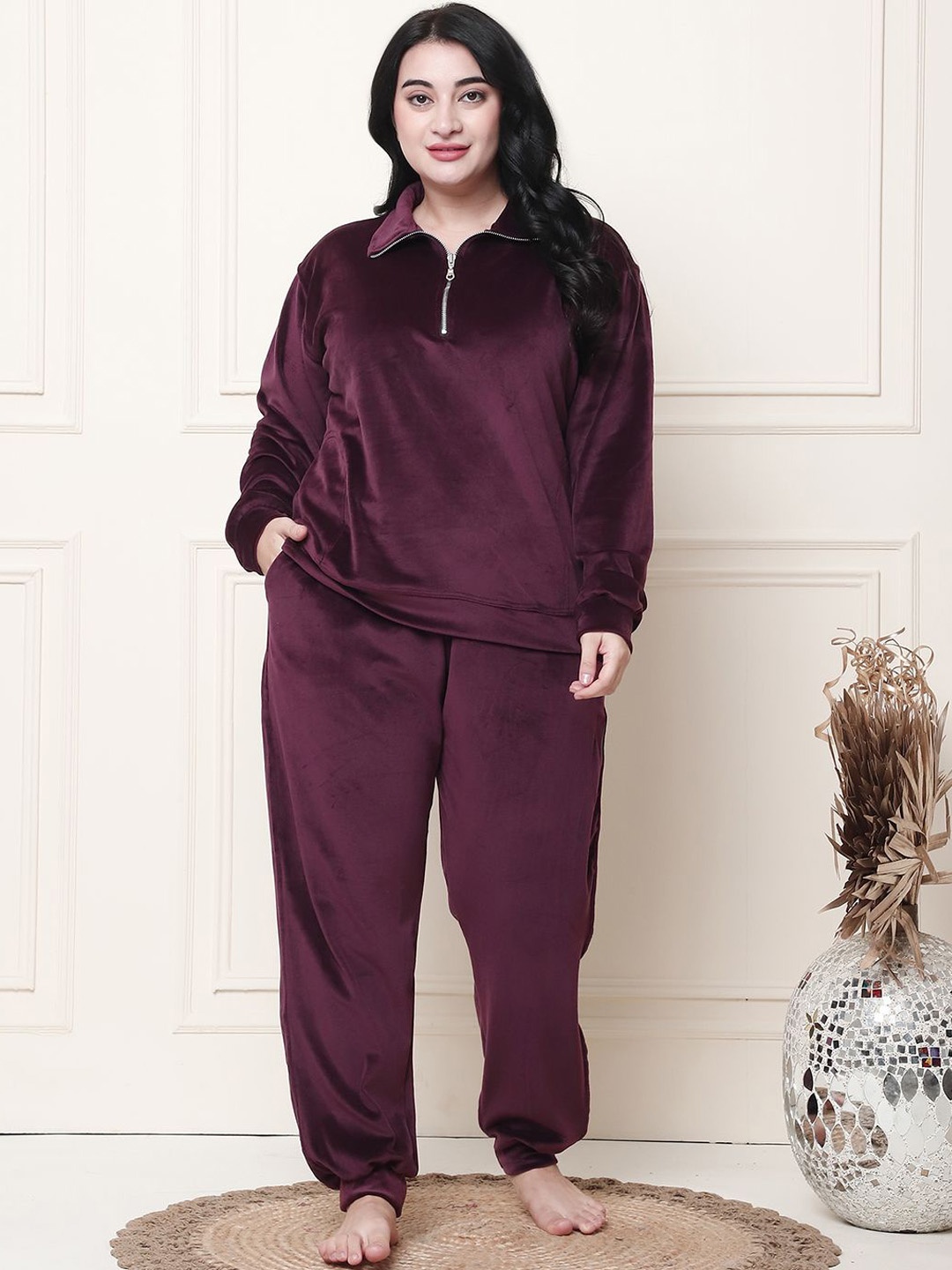 

TAG 7 Pluse Size Women Shirt Collar Long Sleeves Night suit, Burgundy