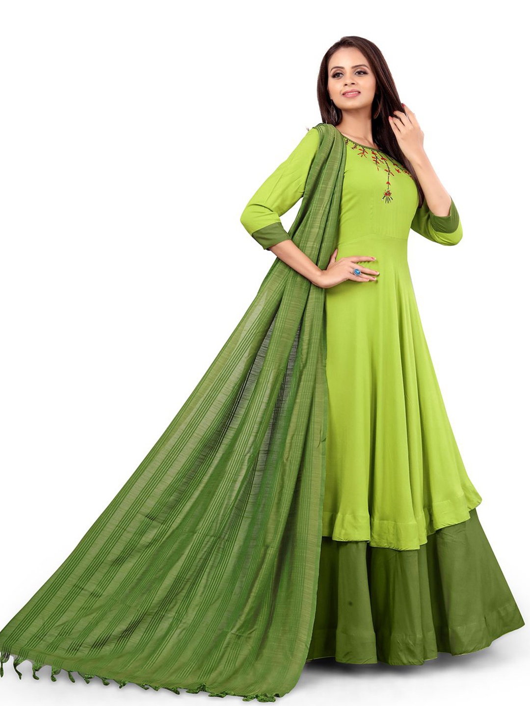 

MADHURAM Ethnic Motifs Embroidered Formal Maxi Dress, Green