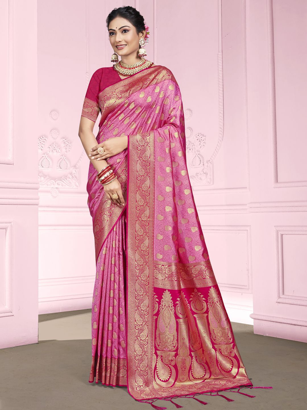 

SANGAM PRINTS Woven Design Zari Silk Blend Tussar Saree, Pink