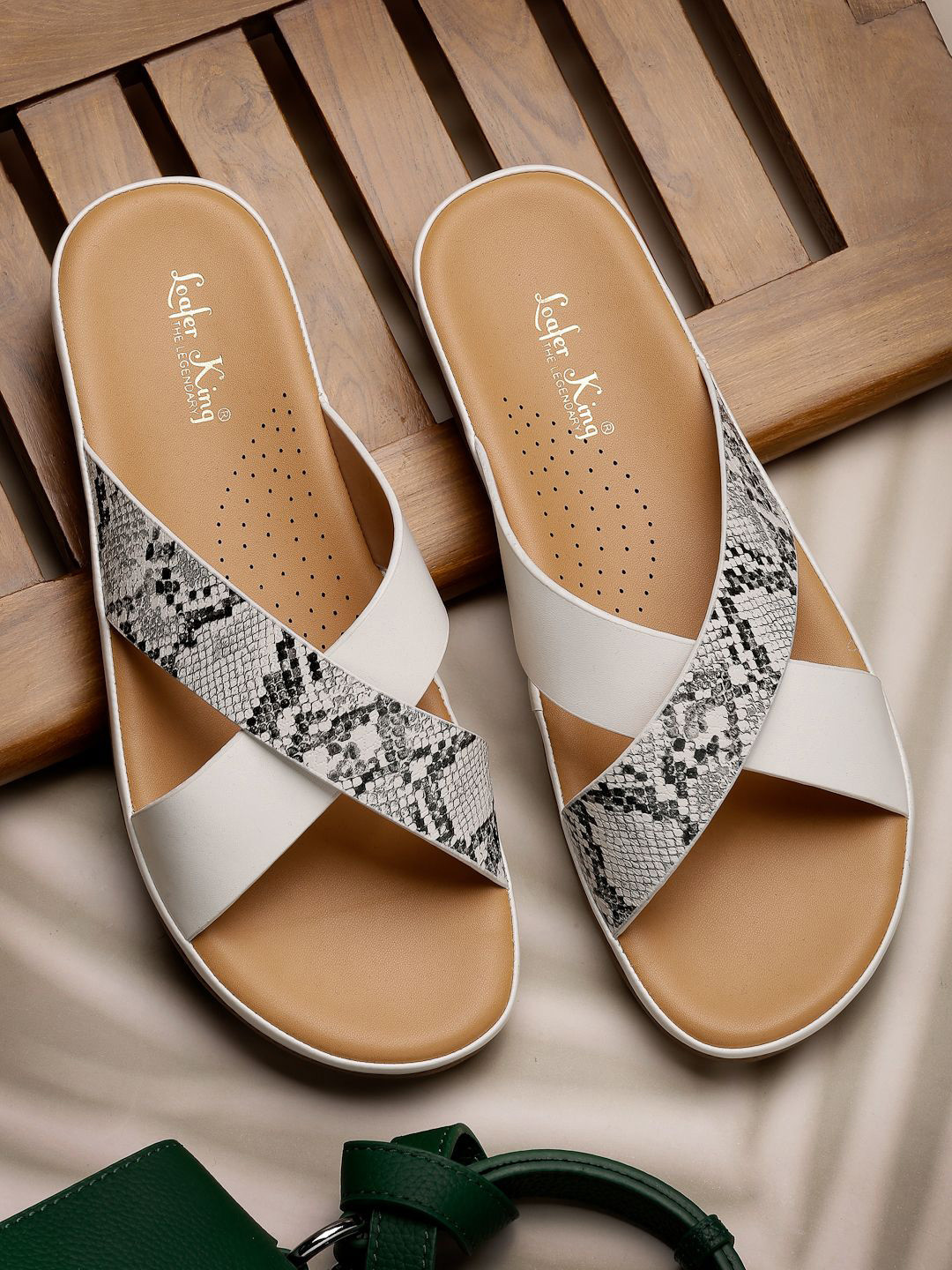 

NATSHUZ Women Slip-On Printed Open Toe Flats, White