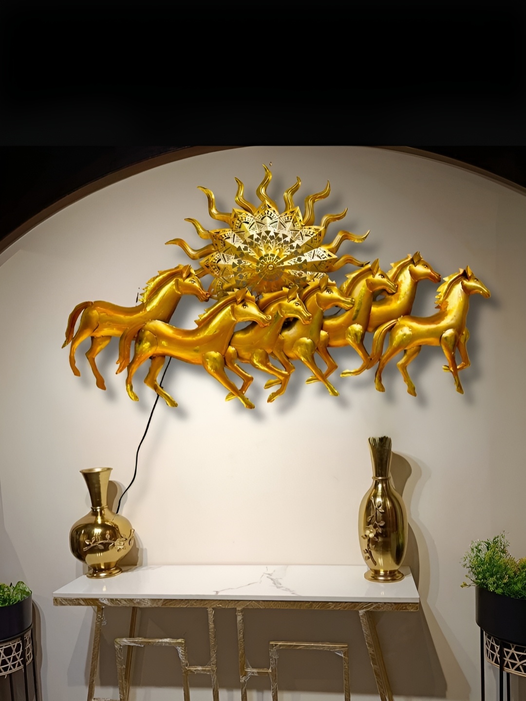 

PRANJALS HOUSE Gold Toned 7 Running Horses With Sun Wall Hanging