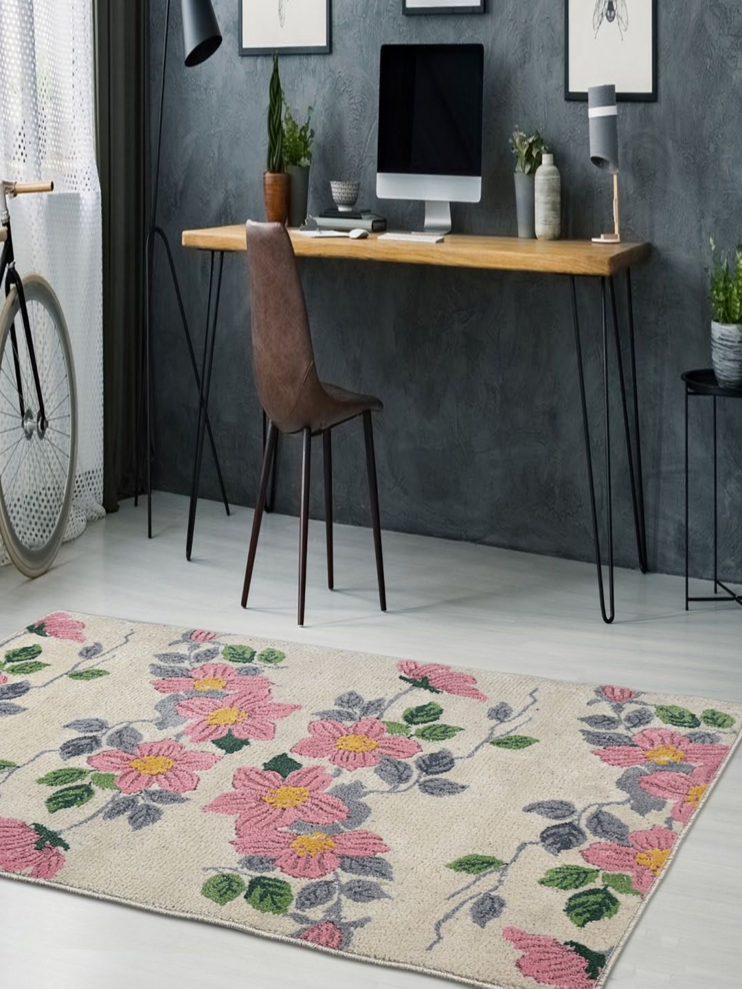 

Saral Home Beige Floral Anti-Skid Carpet