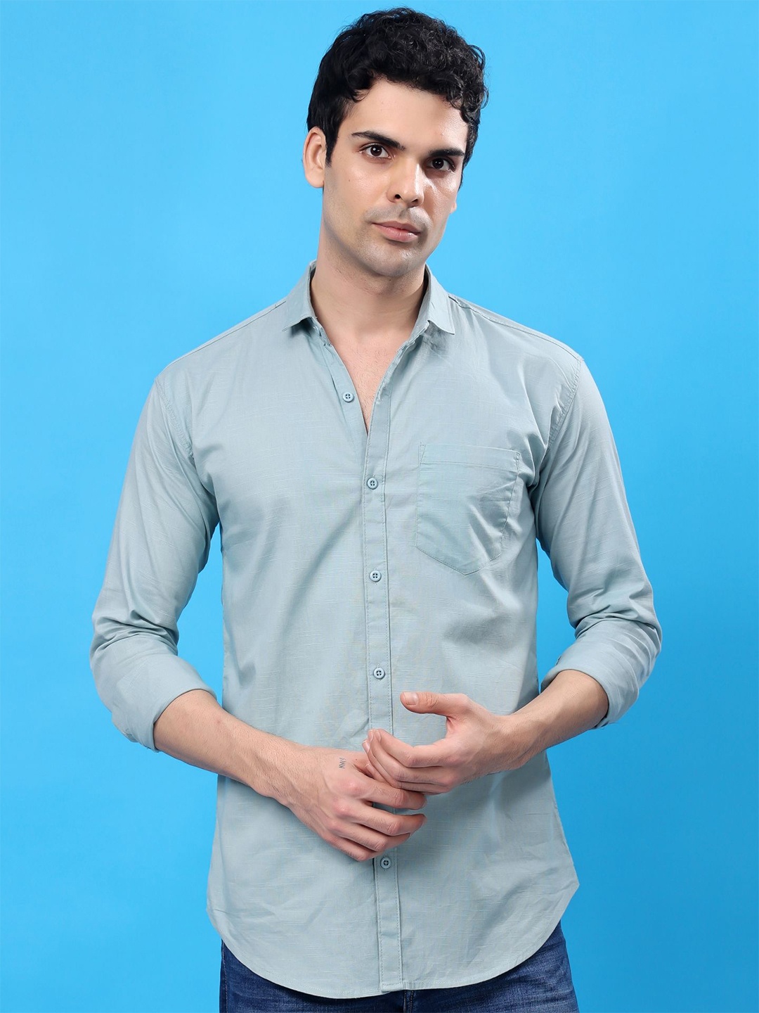 

London Hills Men Standard Spread Collar Solid Cotton Linen Casual Shirt, Blue