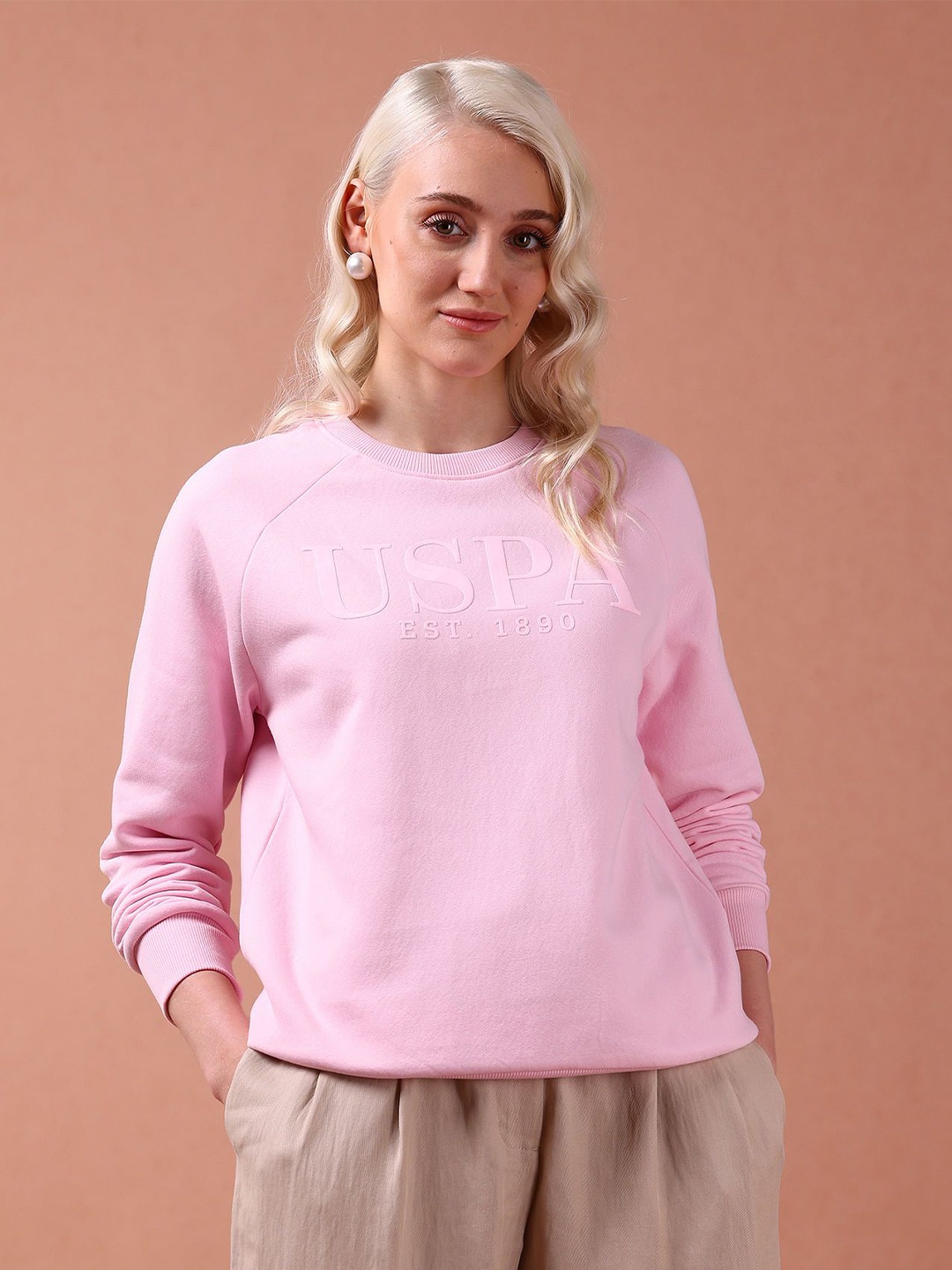 

U.S. Polo Assn. Women Typography Printed Round Neck Cotton Pullover Sweatshirt, Pink