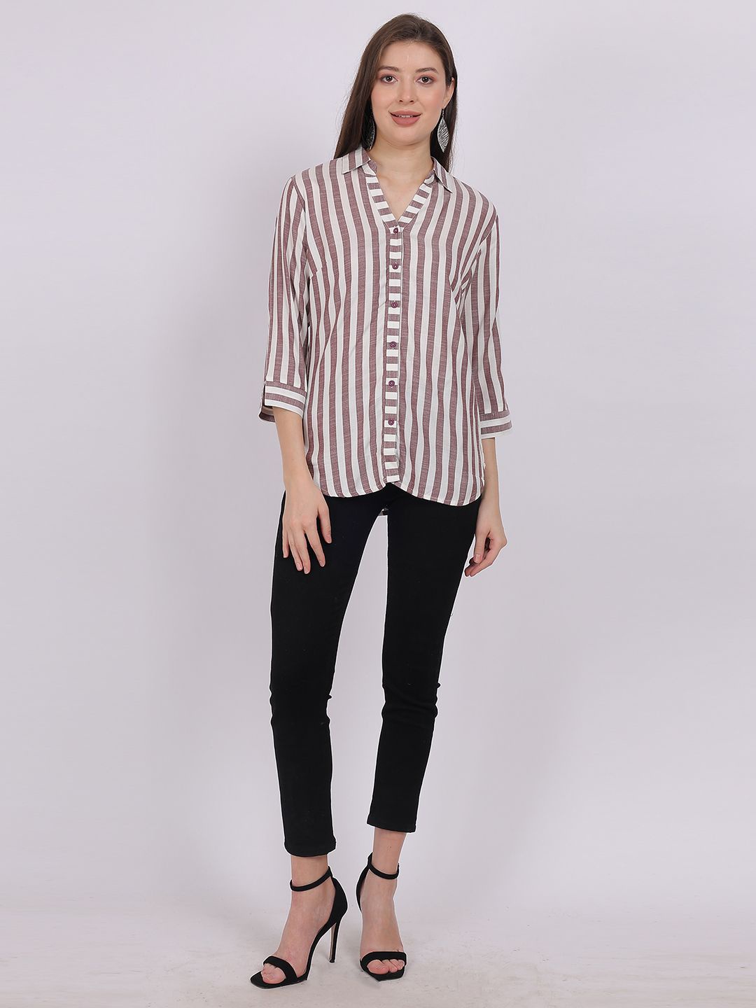 

Aumbe Women Comfort Spread Collar Vertical Striped Cotton Casual Shirt, Brown