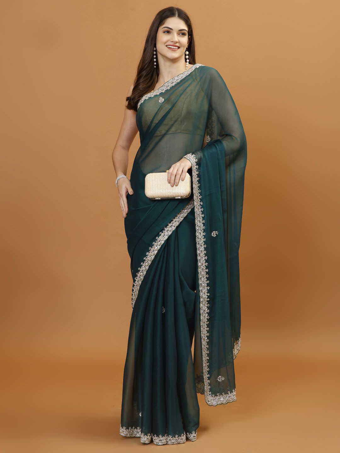 

Meena Bazaar Embellished Beads and Stones Organza Saree, Green