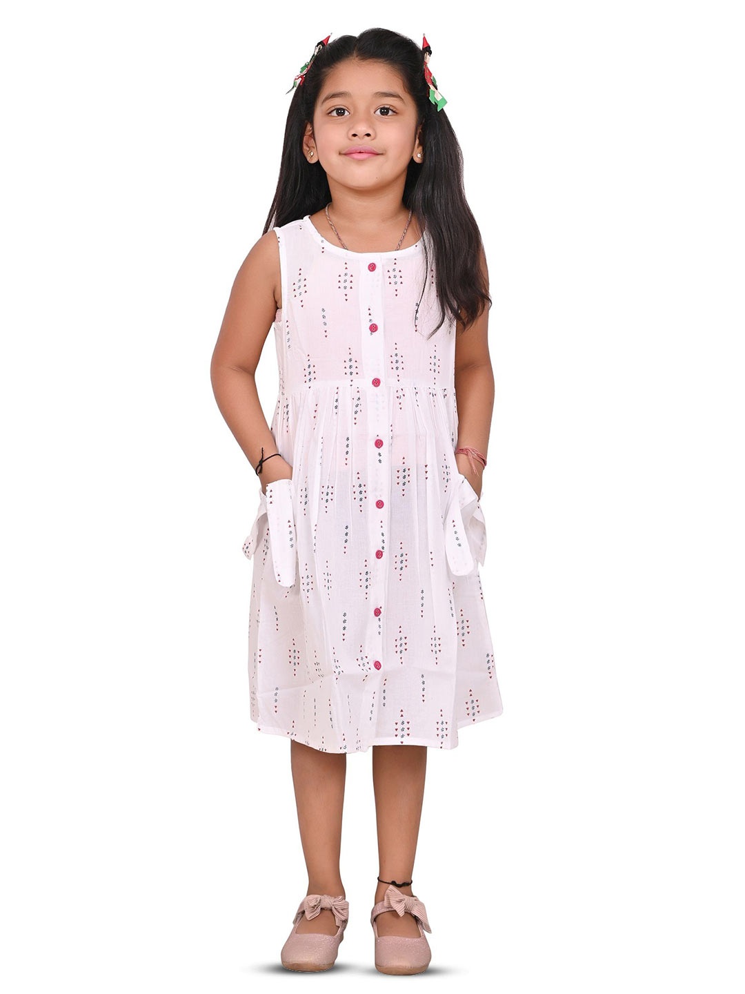 

Cloth Bites Girl Print A-Line Cotton Dress, Pink