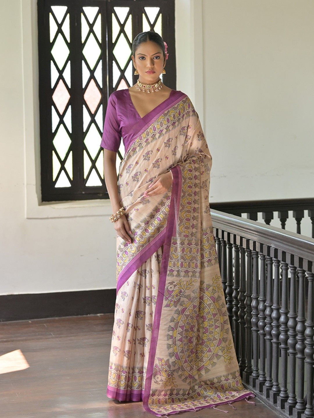 

Kandora Kalamkari Printed Pure Silk Tussar Saree, Lavender