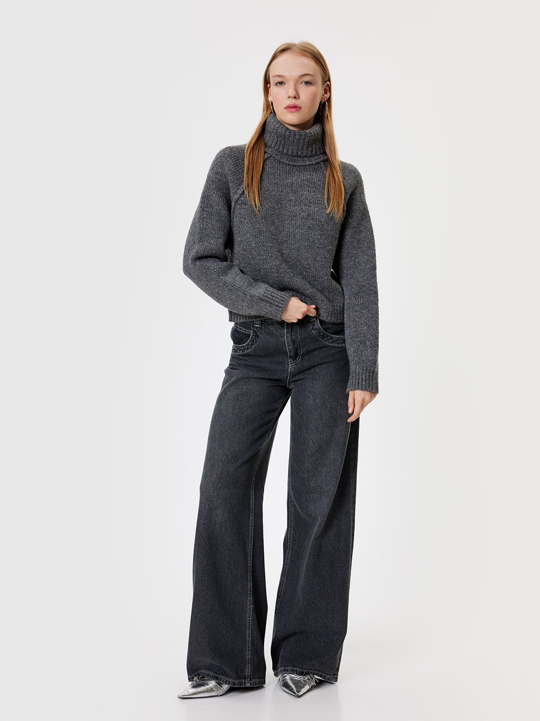 

Koton Women Self Design Turtle Neck Cable Knit Pullover, Grey