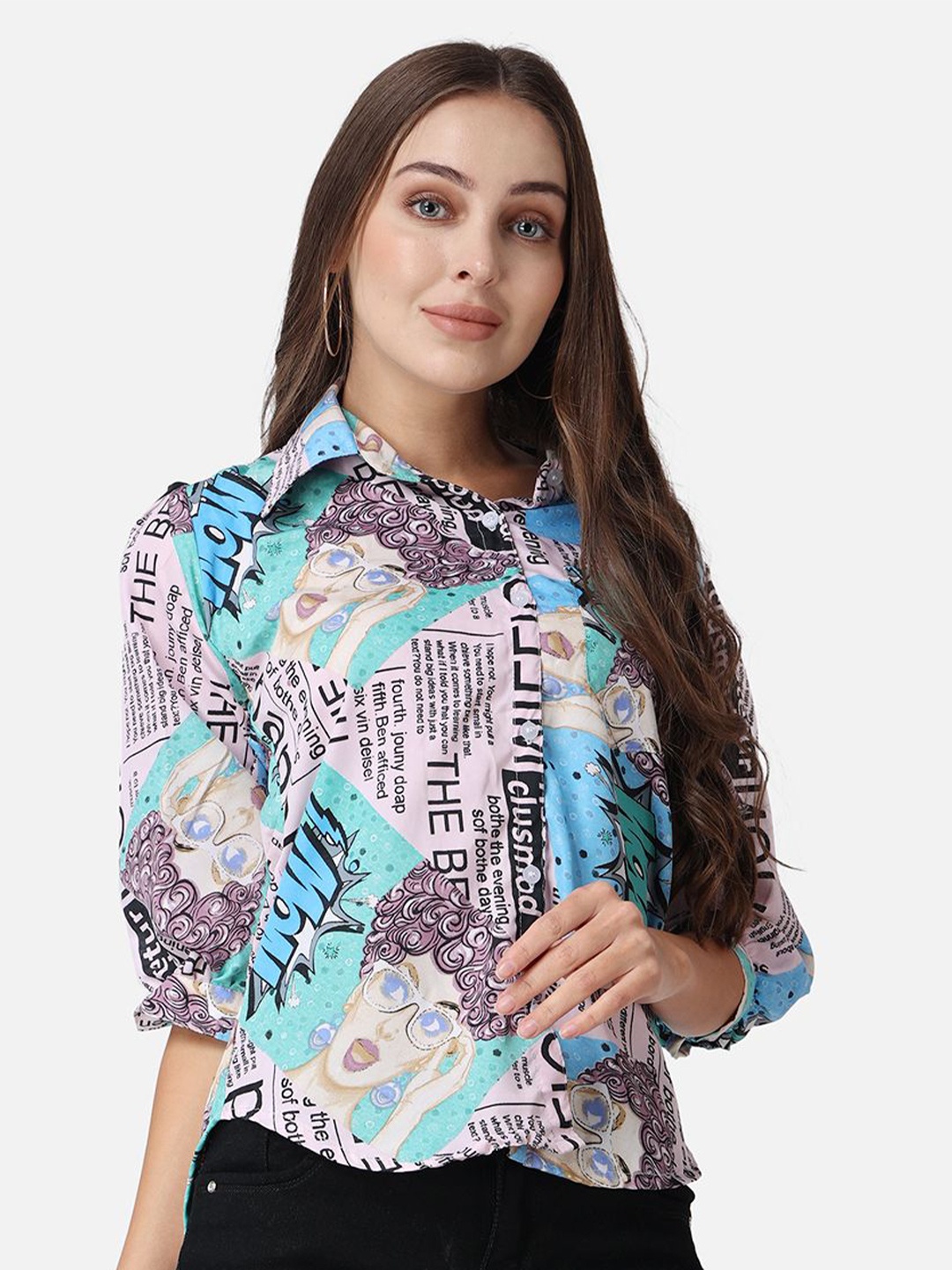 

MINOS Women Classic Spread Collar Typography Printed Crepe Casual Shirt, Pink