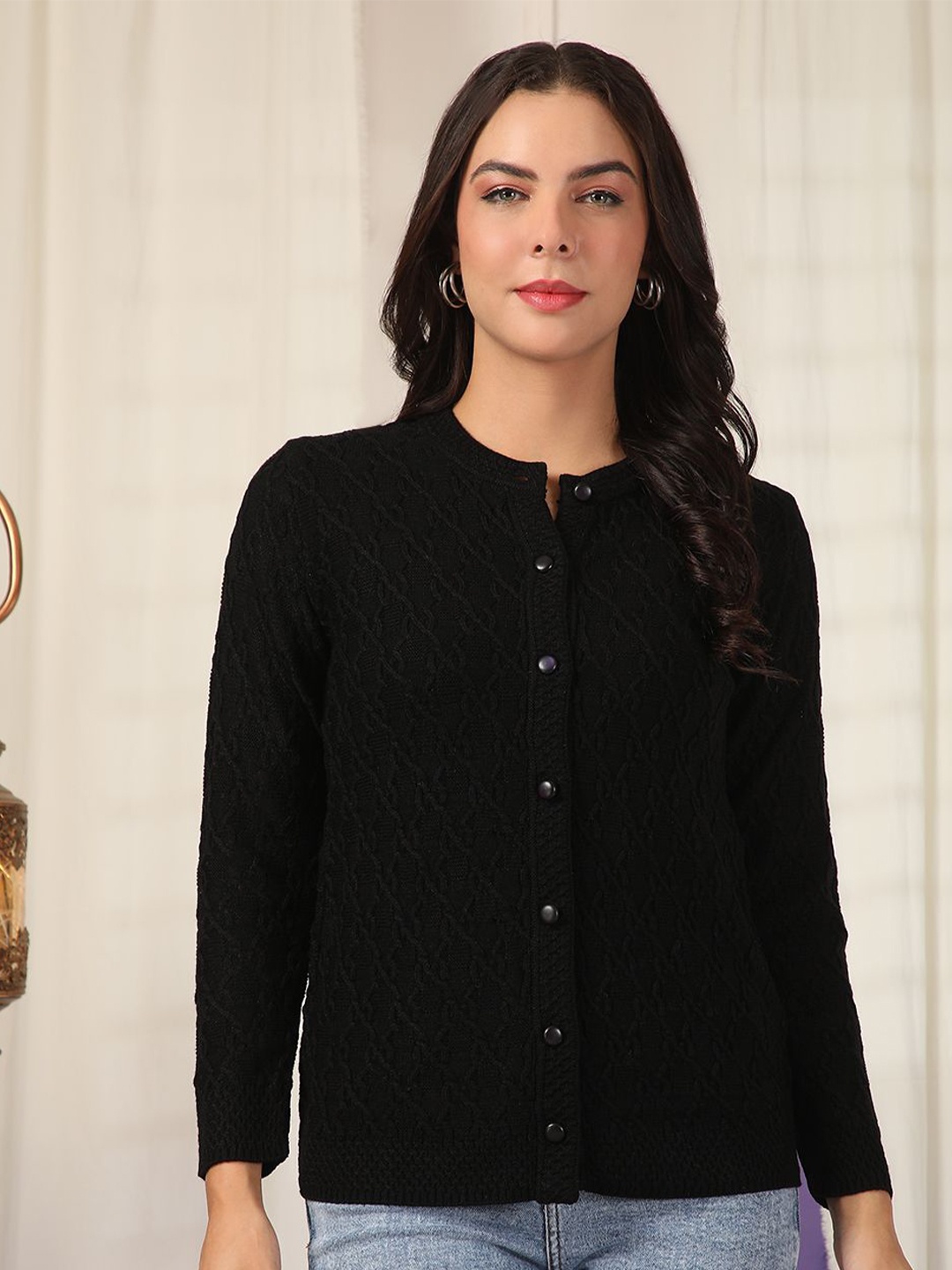 

Cayman Women Self Design Cable Knit Woollen Cardigan Sweater, Black