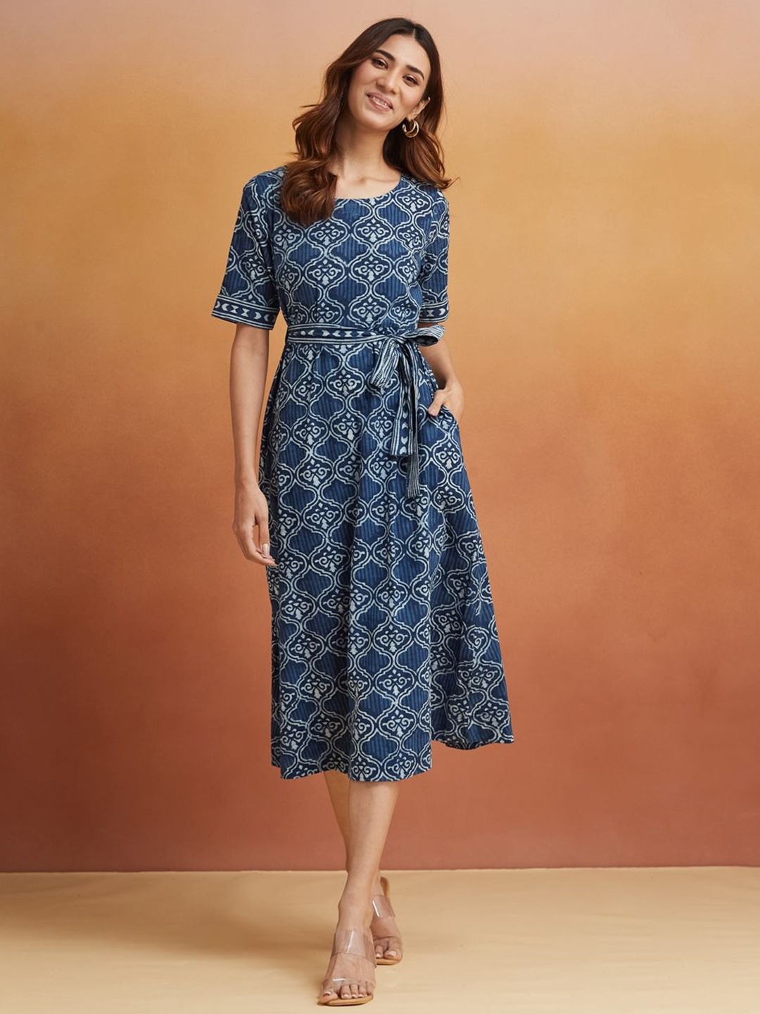 

Fabindia Ethnic Motifs Printed Fit & Flare Midi Dress, Blue