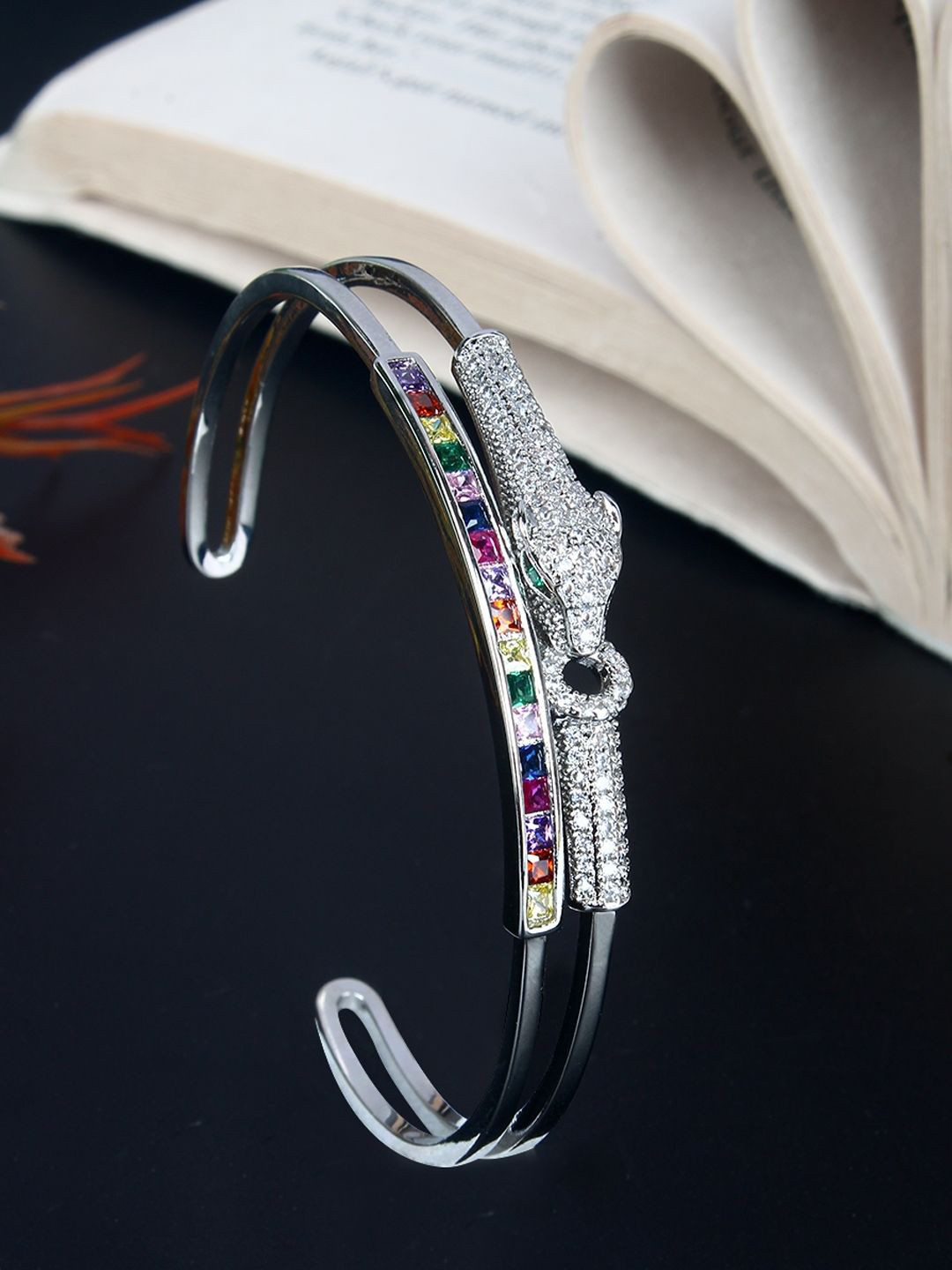 

KPOP Silver-Plated Cubic Zirconia Studded Cuff Bracelet