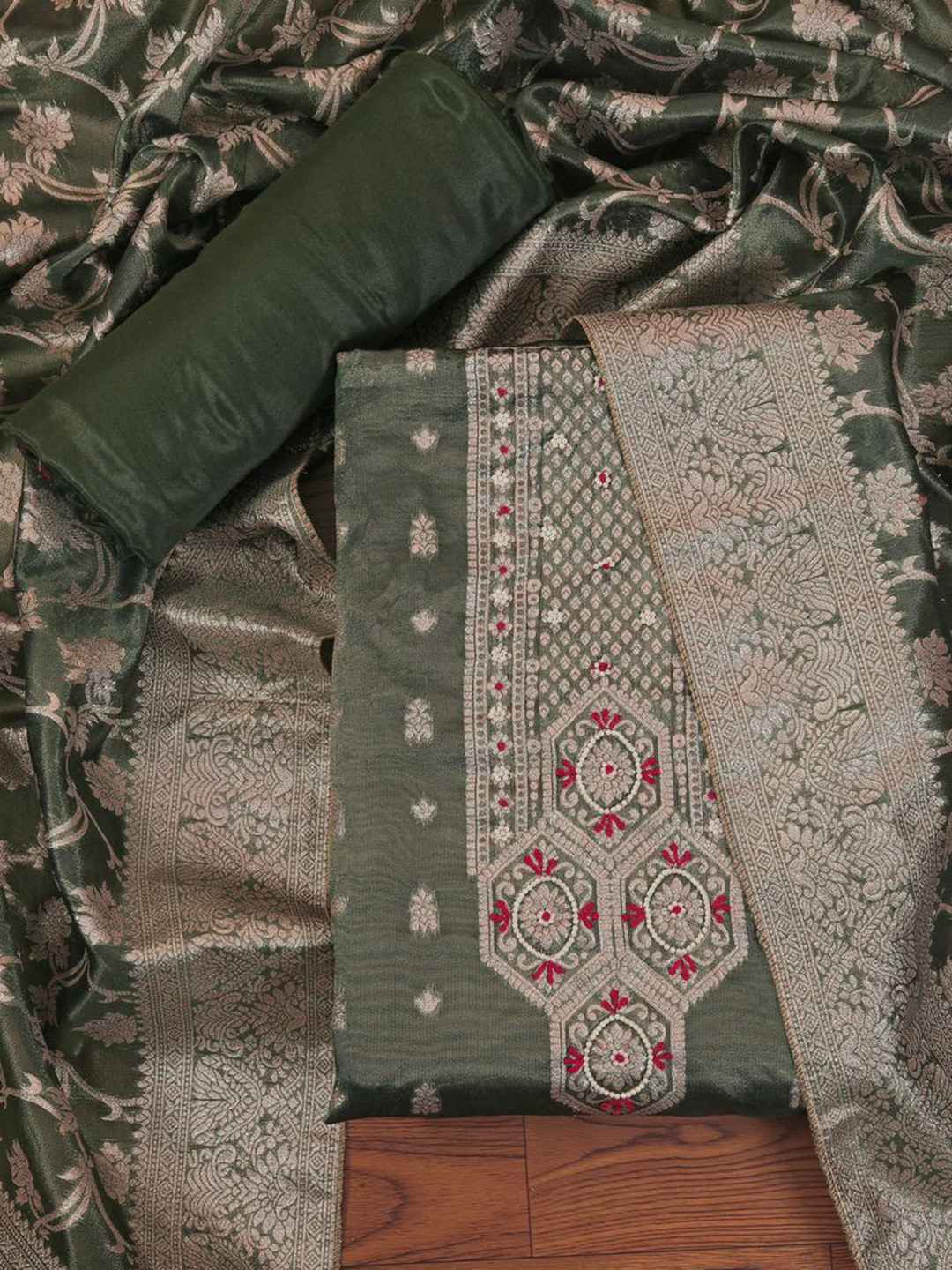 

Jaipur Kurti Embellished Zari Woven Dress Material with Dupatta, Green