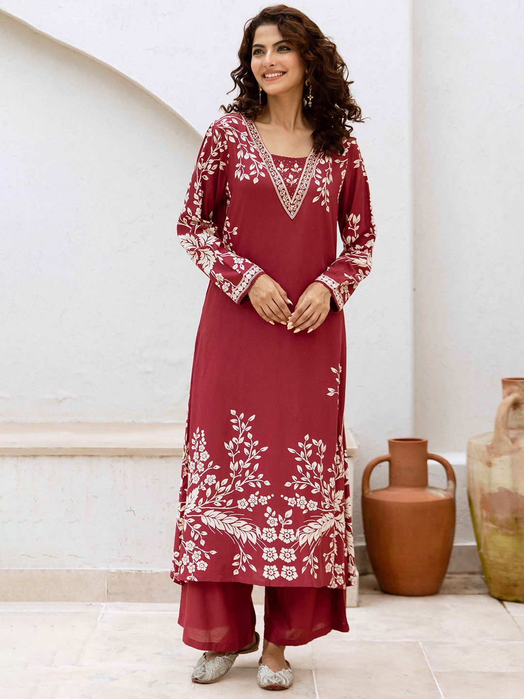 

KALINI Women Floral Printed Regular Beads and Stones Kurta with Palazzos, Red