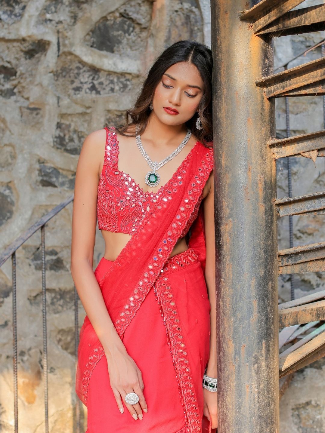 

Foram patel Red Mirror Embroidered Ruffle Saree Set