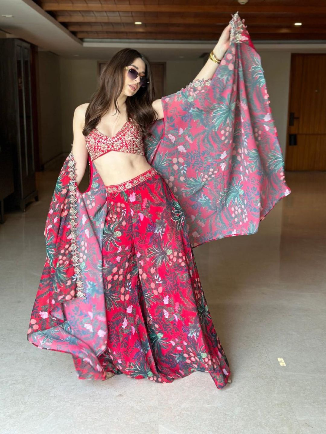 

StyleAsh Floral Embroidered Shoulder Straps Top With Trousers & Shurg, Red