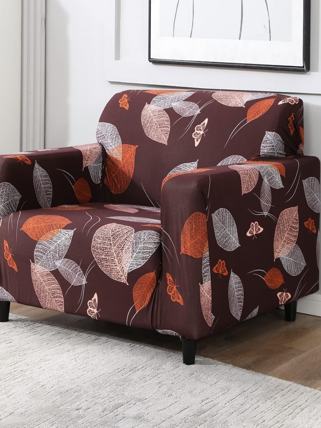 

B BESTILO Beige & Brown Printed Single Seater Sofa Cover With Arms
