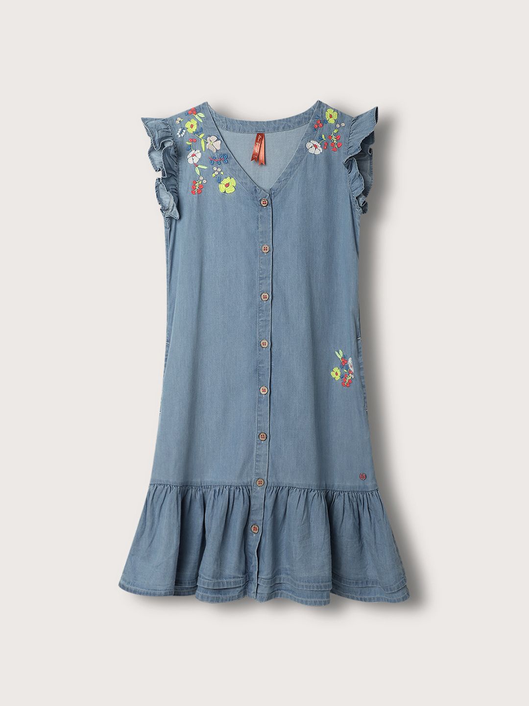 

Blue Giraffe Solid Flutter Sleeve Drop-Waist Cotton Dress