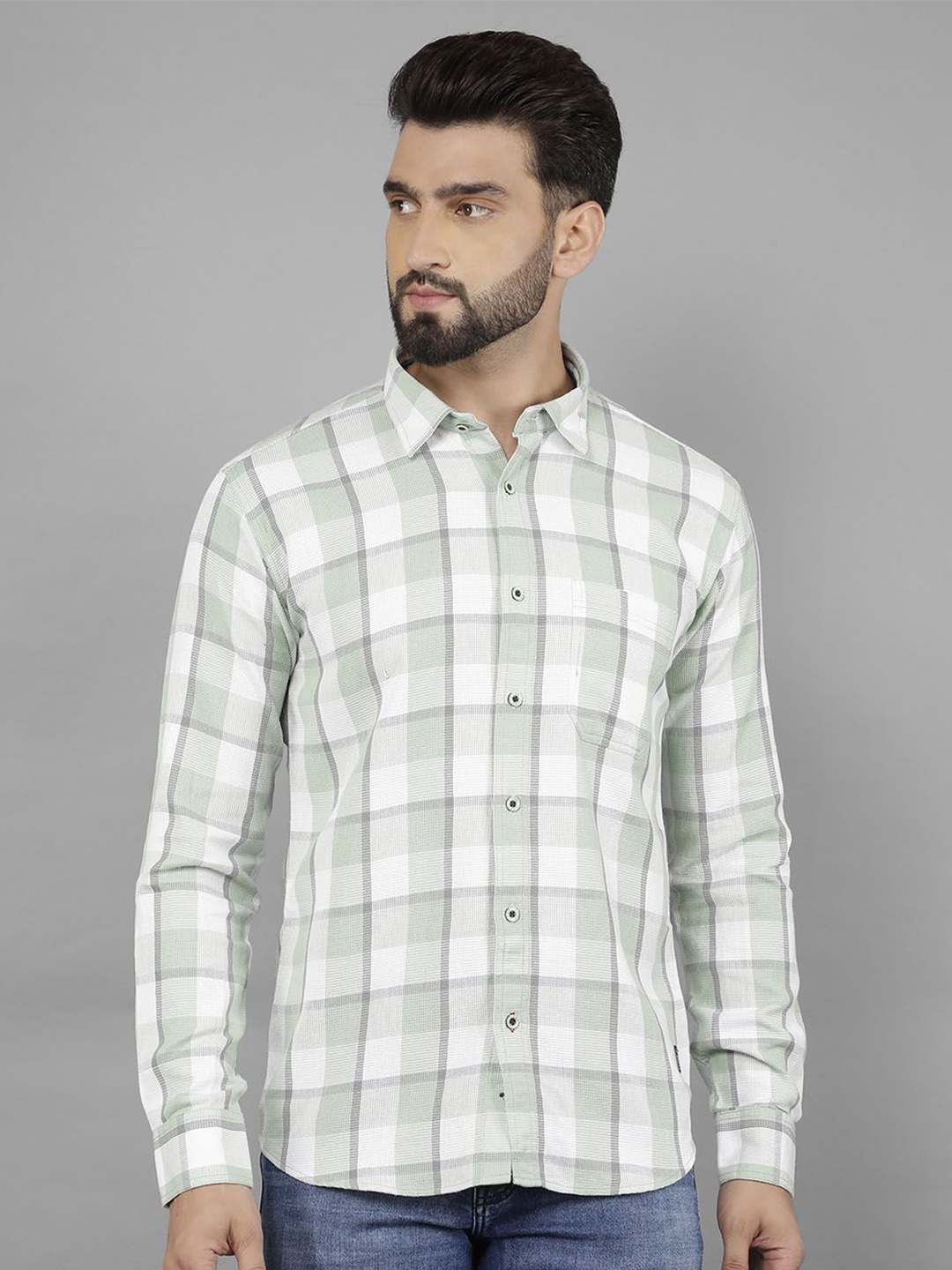 

COBB Men India Slim Spread Collar Tartan Checked Cotton Casual Shirt, Green