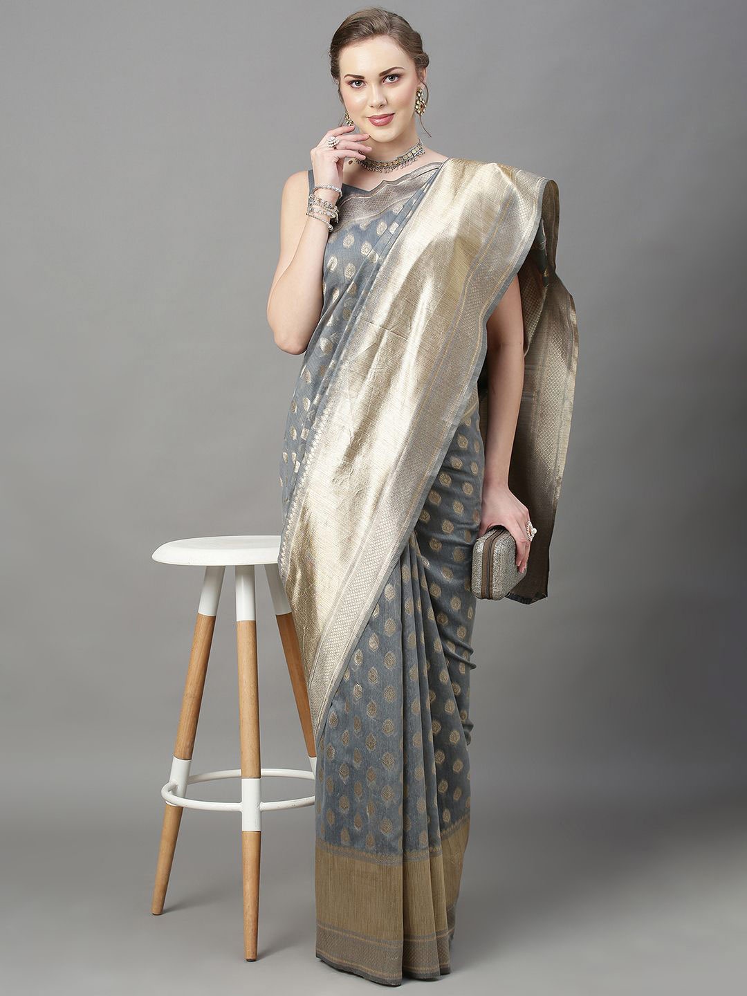 

KALINI Floral Zari Silk Cotton Banarasi Saree, Grey