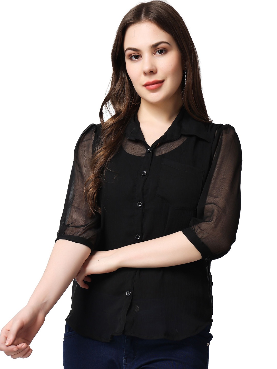 

MINOS Women Classic Spread Collar Solid Casual Shirt, Black