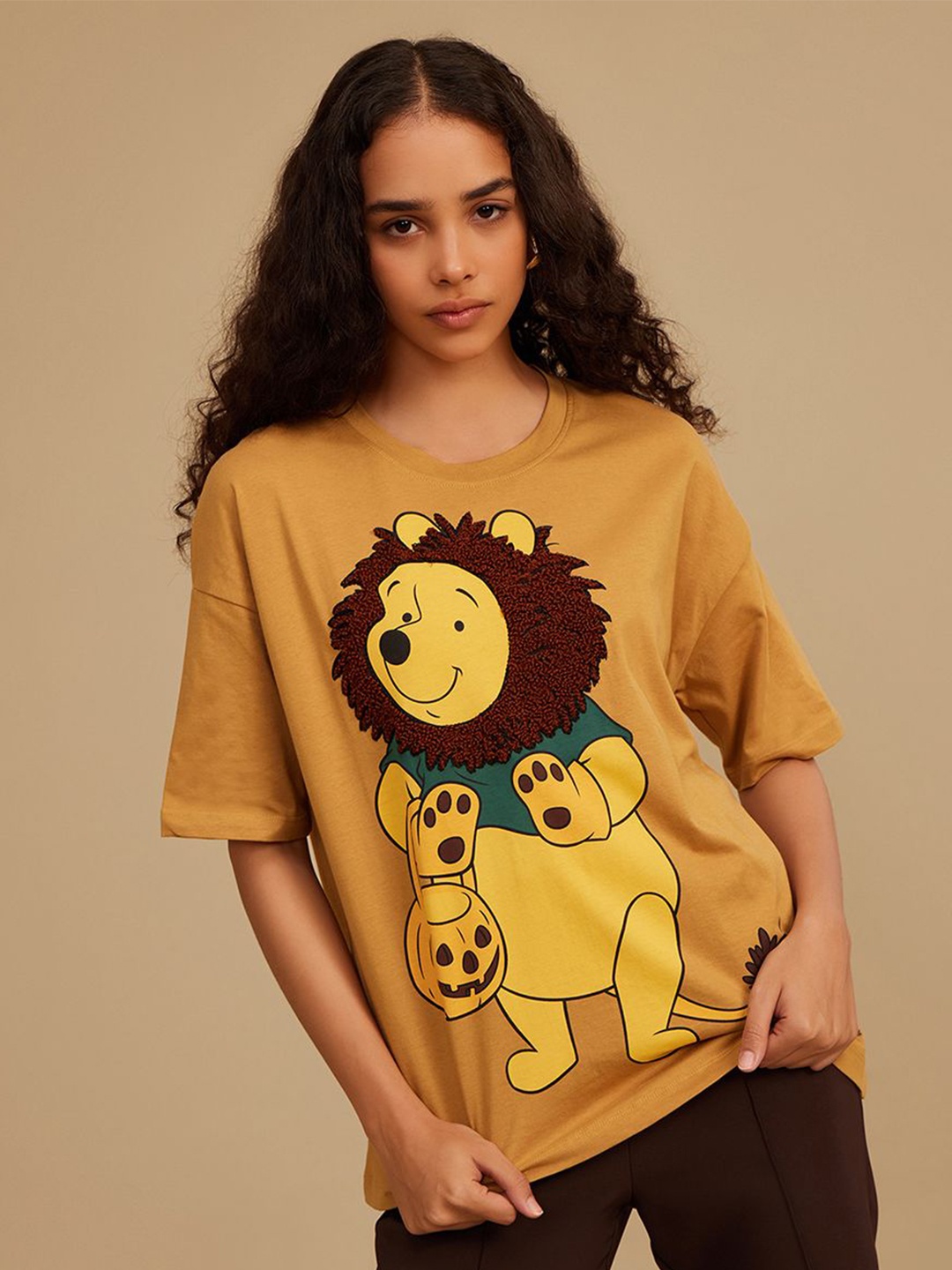

Kazo Women Winnie The Pooh Graphic Printed Round Neck Cotton Boxy T-shirt, Rust