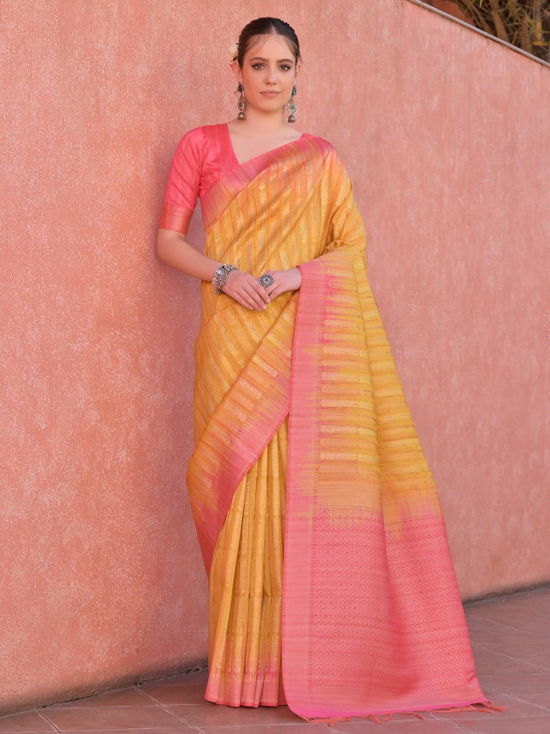 

Kandora Woven Design Printed Pure Silk Tussar Designer Saree Saree, Yellow