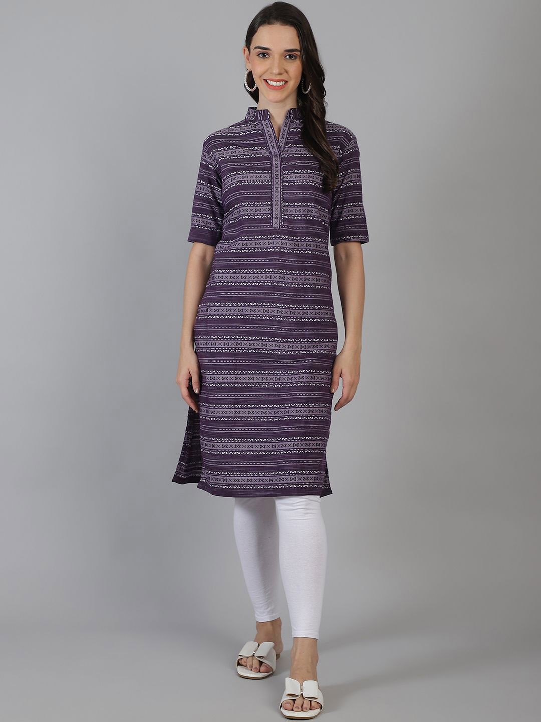 

Enchanted Drapes Women Geometric Striped Thread Work Kurta, Purple