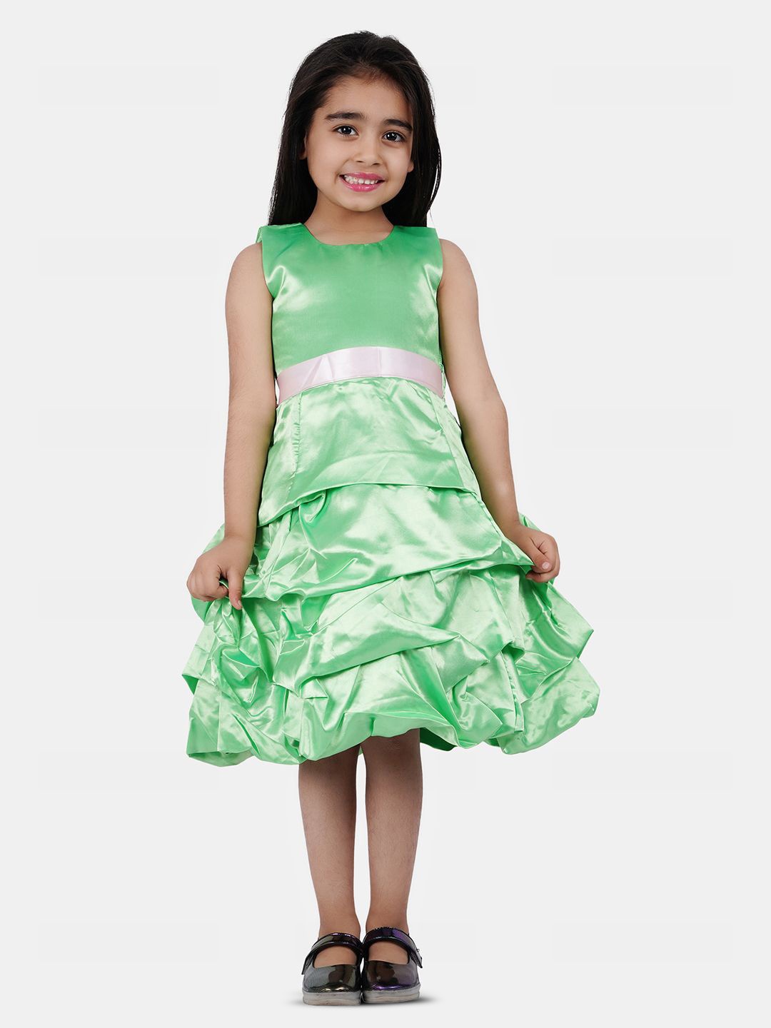 

Wish little Solid Self Design Satin A-Line Dress, Green