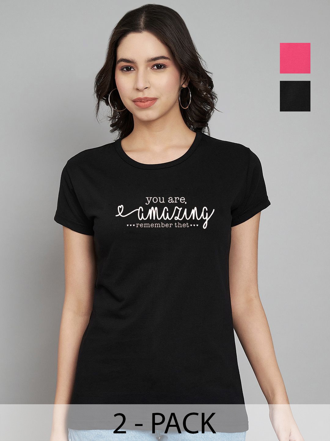 

Trend Level Women Pack Of 2 Typography Printed Round Neck Cotton T-shirts, Black